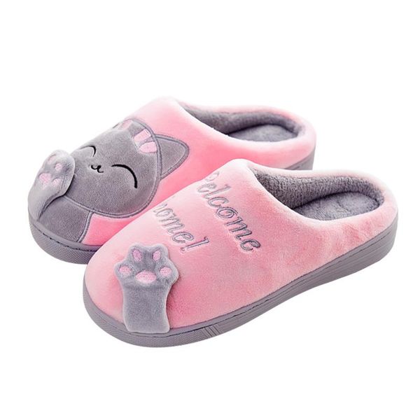 

cute plush cartoon cat home slippers warm bedroom indoor women's floor shoes, Black