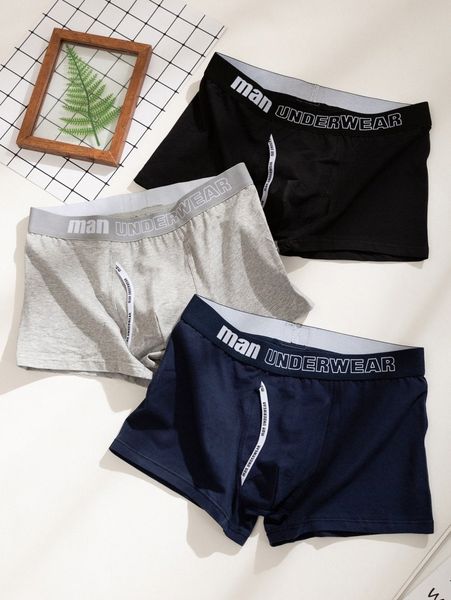 

men 3pcs letter graphic contrast tape boxer brief l8az#, Black;brown