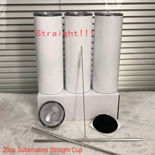 Mais novo 20oz canecas Sublimação de tumbler straight conjunto de aço inoxidável de aço inoxidável copo de escritório de viagem com palha fechada canudo slim água copo DIY presentes xu 0210