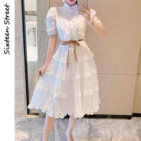 

white linen dress es women high waist elegant short sleeve mid female vintage o-neck vestidos mujer spring 210603, Black;gray