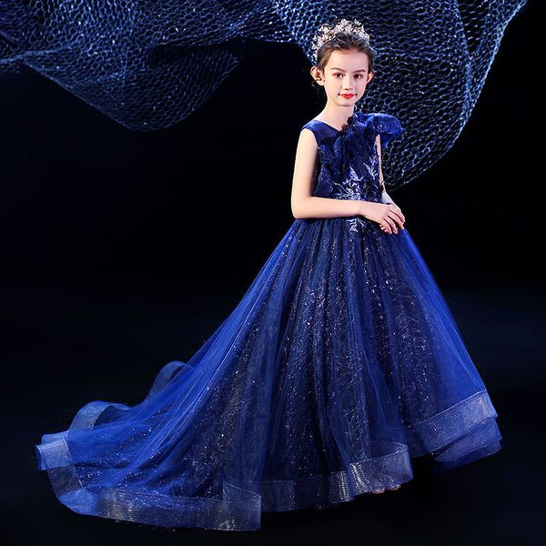 

2021 blue flower girls dresses for weddings princess jewel long tail lace appliques backless sweep train little kids first holy pageant gown, White;blue