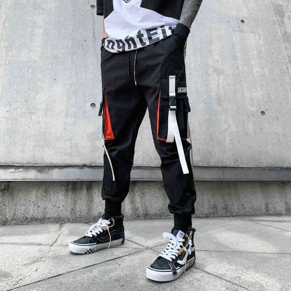 

black ribbons streetwear 2021 hip hop corridors men pockets ankel male cargo pants sweatpants