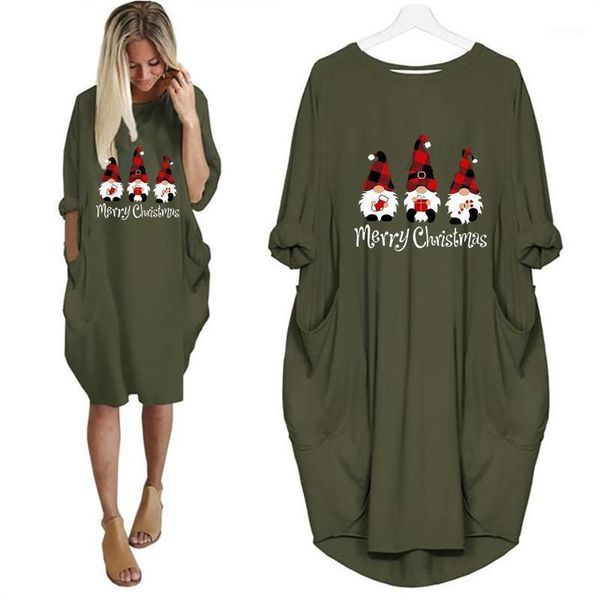 

casual dresses women christmas dress autumn/winter long skirt loose pocket sleeve cute printed in stock, Black;gray