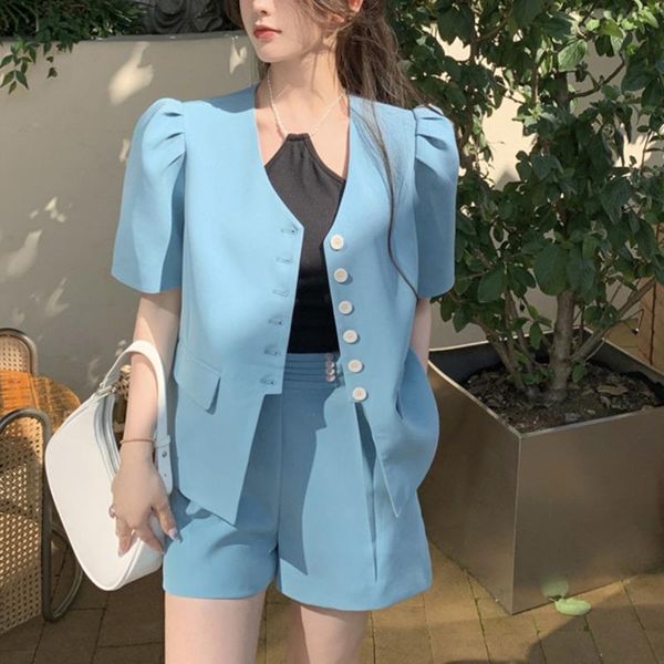 

women's tracksuits korean fashion casual 2 piece set women puff sleeve blazer coat + shorts sets streetwear pant suits ol work wear two, Gray