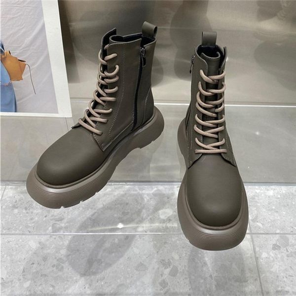 

boots spring women shoes woman fashion flat round pu ankle elastic lace black beige comfortable