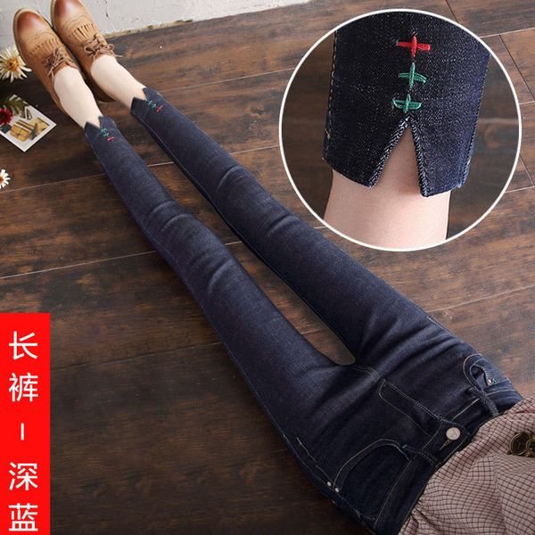 

women's jeans new mid waist slim jeans pants autumn 2021 elastic split leg pencil, Blue