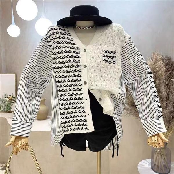 

women's knits & tees 2021 loose fake two-piece v-neck long sleeve autumn fashion splicing knitted striped shirt, White