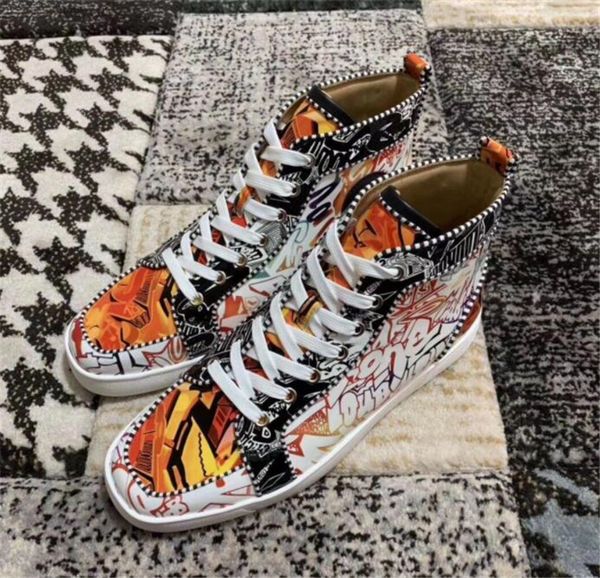 

wholesale famous red bottom sneakers graffiti patent leather men's flat high casual walking flats -- party wedding dress eu35-47.box, Black
