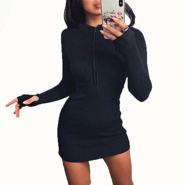 

women winter fall bodycon ribbed dress 2021 new stand collar zipper deep v-neck solid stretch bodycon pencil party mini vestido 011903, Black;gray