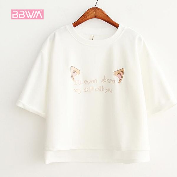 

summer short-sleeved korean loose thin women's t-shirt short white wild cat flower embroidery round neck harajuku 210507