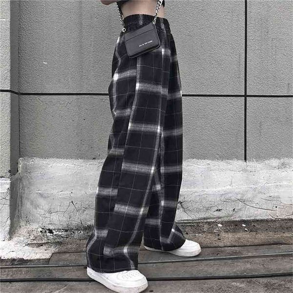 cintura elástica calça xadrez high wide perna calças casuais feminino coreano coreano punk calças roupas gótico 210915