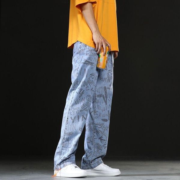 

men's jeans 2021 summer wide-leg trendy brand trend full-print loose straight-leg pants, Blue