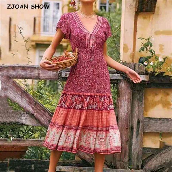 

bohemia red paisley floral print women boho dress holiday button v neck lacing up waist short sleeve knee-length beach dresses 210429, Black;gray