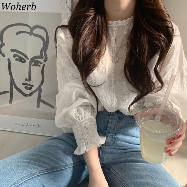 

korean fashion clothes women white blouses and hollow out floral lace shirts long lantern sleeve blusas mujer 210519