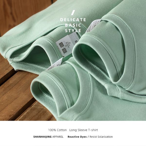 

tees women's t-shirt 230g double-sided cloth long sleeve t-shirt solid color pullover spring and autumn thin embroidery printing, White