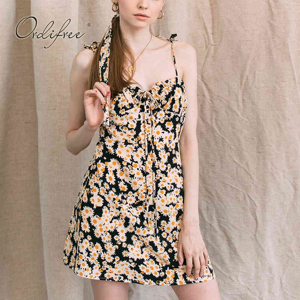 Mulheres Verão Floral Mini Sundress Vintage Flor Impressão Lace Up Short Sext Vestido 210415