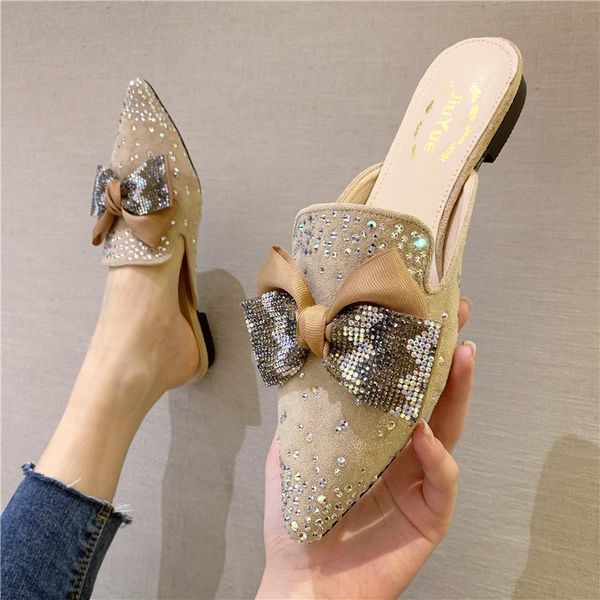 

slippers bow-knot crystal mules shoes pointed toe low heels shallow summer women shine rhinestone casual comfy slides lazy, Black
