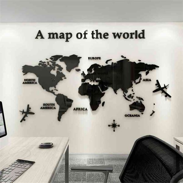 3D acrílico tipo europeu mapa mundo adesivos de parede espelho de cristal adesivos para escritório sofá de escritório fundo de fundo parede decorativa papel de parede 210914