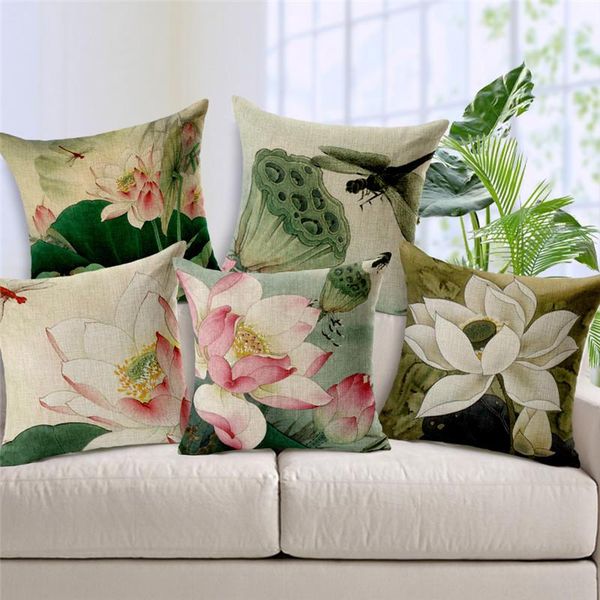

chinese white flower cushion cover lotus pillow cotton office car sofa pillowcase green plant home decorativethrow pillows cushion/decorativ
