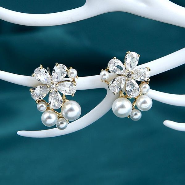 

stud 14k real gold plated flower pearl earrings for women shiny zirconia s925 silver needle fine jewelry wholesale, Golden;silver