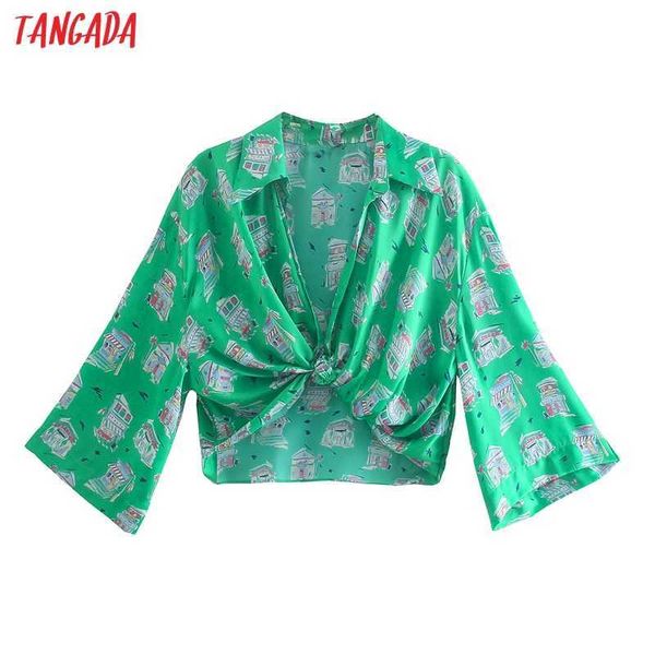 Tangada Mulheres Retro Verde Cópia Chiffon Camisa Curta Crop Crop Tops Manga Longa Chique Feminino Tops 5Z156 210609