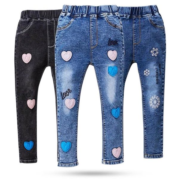 

jeans 4-12year girls spring autumn love pattern casual elastic waist pants stretch children slim pencil, Blue