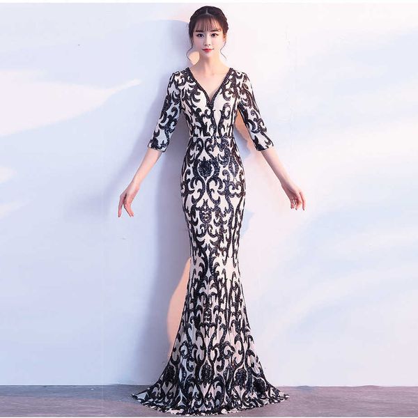 

luxury evening dress 1102# fishtail slim fit deep v middle sleeve fashion host annual meeting banquet celebrity model evening, Black;gray