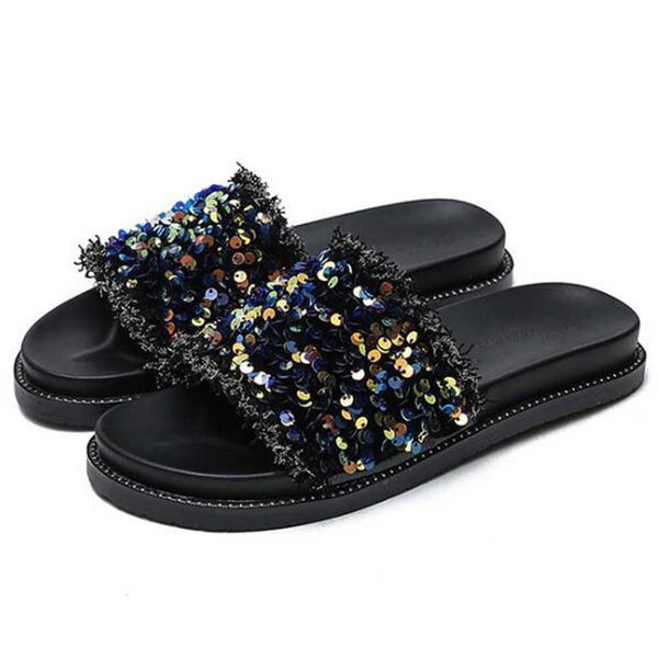 

summer women slippers fashion sequins slides flat home flip flops female platform shoes non-slip beach sandal xx408 210625, Black