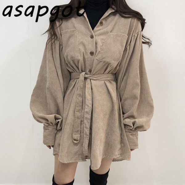 

casual dresses chic wild turn down collar lantern sleeve single-breasted loose lace up waist pocket corduroy dress mini vintage bandage, Black;gray