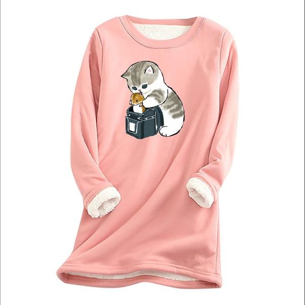

women's hoodies & sweatshirts long sleeve winter cat printed hoodie women thick fleece printing sweatshirt warm o-neck sweater ladies 2, Black