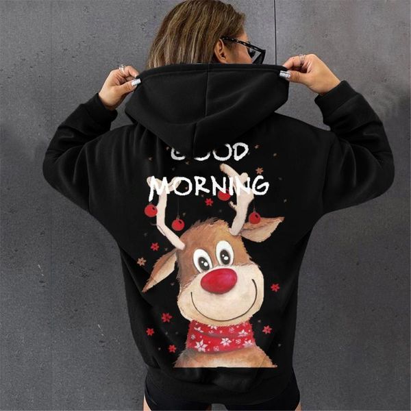 

women's hoodies & sweatshirts christmas hoodie women reindeer good morning print y2k funny holiday female sweatshirt cartoon kawaii su, Black