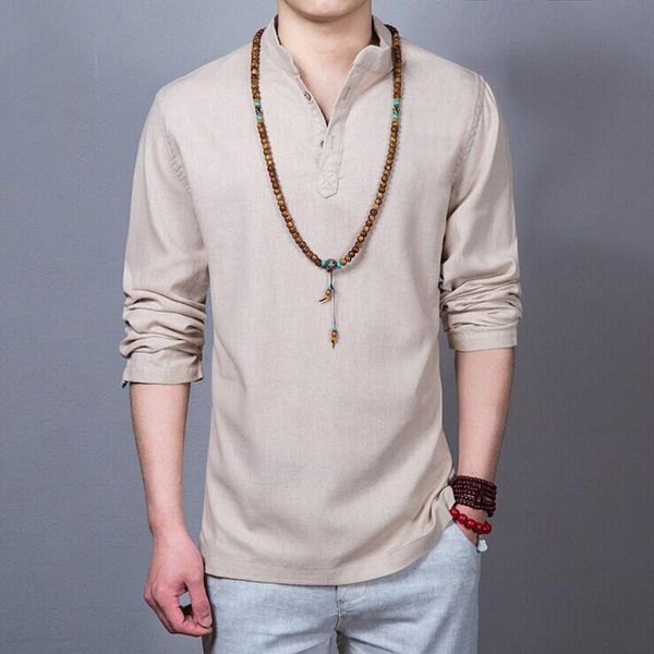

men's casual shirts kancoold shirt men ethnic style solid color cotton linen slim long sleeve dress blouse autumn home male camisa jun, White;black