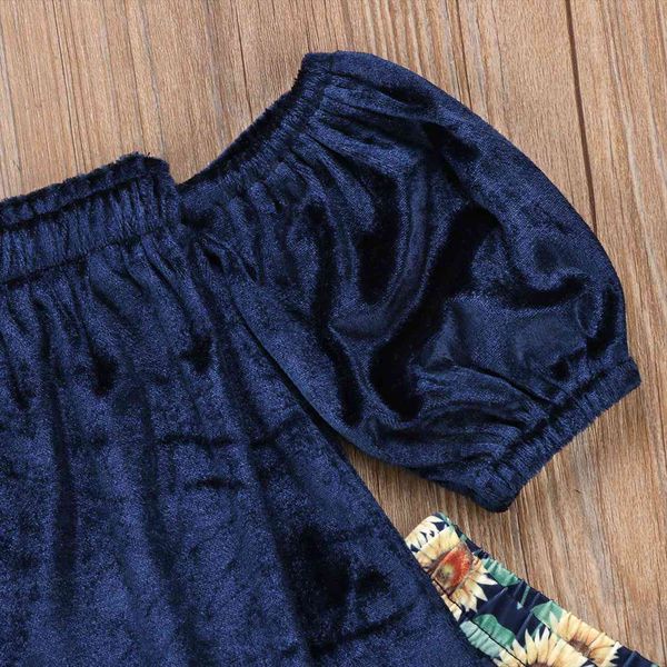 

baby girl clothing 2pcs set off shoulder tank sunflower bell bottom trouser outfits children summer clothes, White