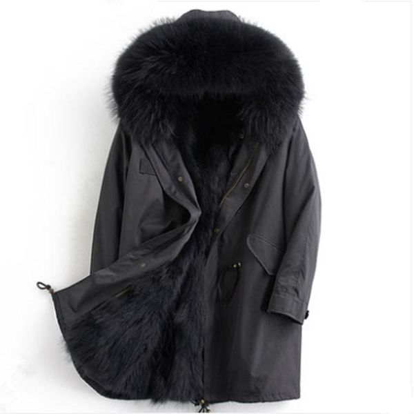 

men's leather & faux real fur coat parka men raccoon liner long winter jacket plus size parkas chaqueta hombre jhlpkf-01 my1153, Black