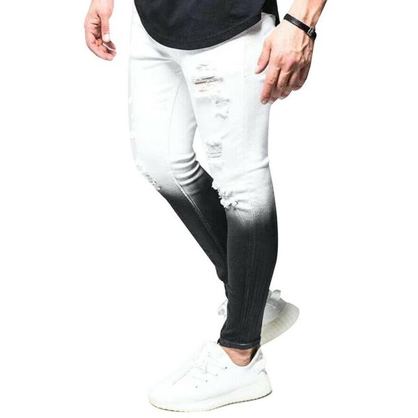 

men's jeans gradient color men plus size ripped hole casual slim fit long trousers, Blue