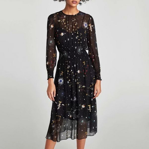 Женское платье весенние мода стильные отпечатки с длинным рукавом черное подкладка платье внутри современной леди платья 210602