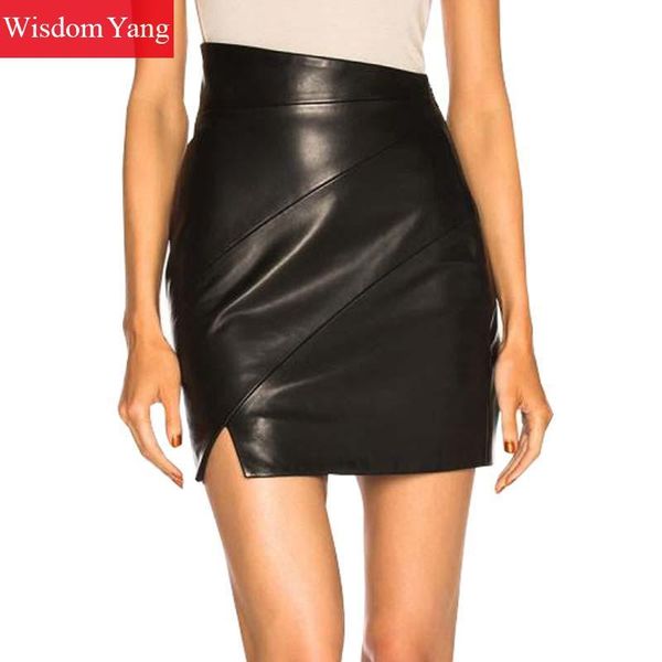 

black real sheep skin genuine leather mini wrap skirts streetwear high waiste women party ladies asymmetrical skirt