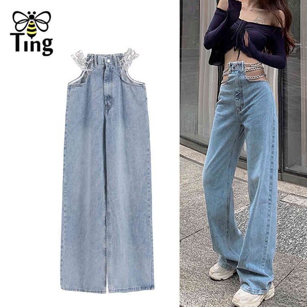 

desiger metal link jean women cut out wide leg pants casual street fashion jeans trousers long 210513, Blue