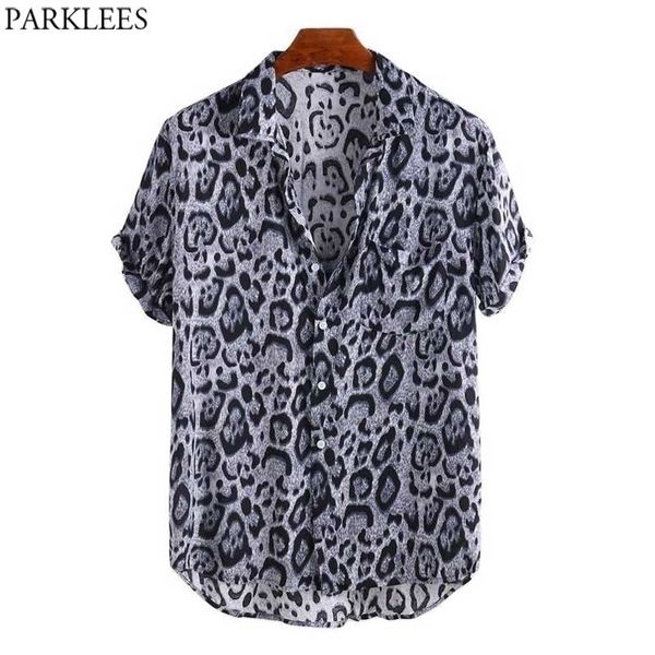 

men's leopard pirnt shirt disco casual button down short sleeve hawaiian shirt men tropical aloha beach wear chemise homme 210522, White;black