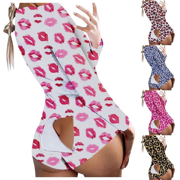 

women's jumpsuits & rompers women red lips printed pyjama onesies mono de mujer functional buttoned flap adults pajamas club button plu, Black;white