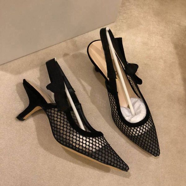 

summer sandals pointed toe mesh heels fashion mid-heel women's shoes bow knot women's baotou all-match elegant shoes for women, Black