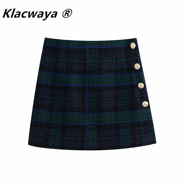 

women mini skirt vintage plaid print tweed back zipper high waist slim faldas mujer side buttons chic s 210521, Black