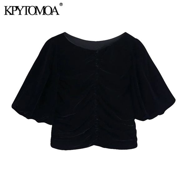 

women fashion with buttons pleated velvet cropped blouses vintage v neck puff sleeve female shirt chic 210420, White