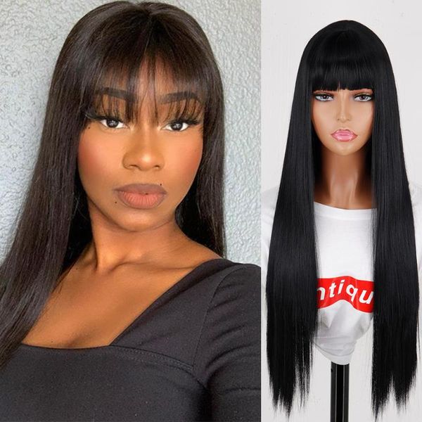 

synthetic wigs long straight black wig with bangs hair female heat-resistant