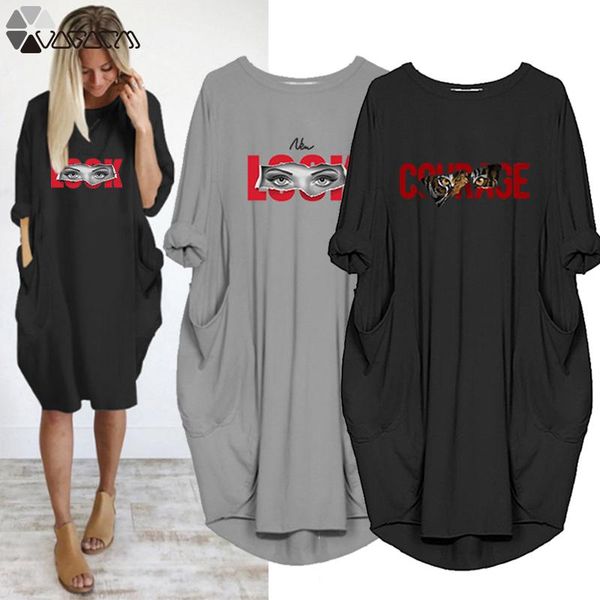 

eyes letter print plus size dresses autumn spring loose long sleeve o neck party club women midi dress vestidos robes streetwear casual, Black;gray