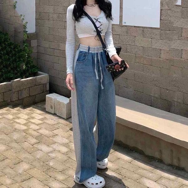 

women's jeans wide leg women splicing streetwear denim pants high waist loose wash blue mom fashion straight casual trouser