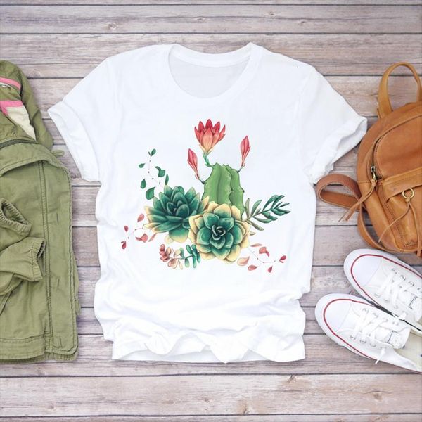 

floral plant cartoon streetwear womens girl cactus print 90s graphic shirt ladies female tee, White