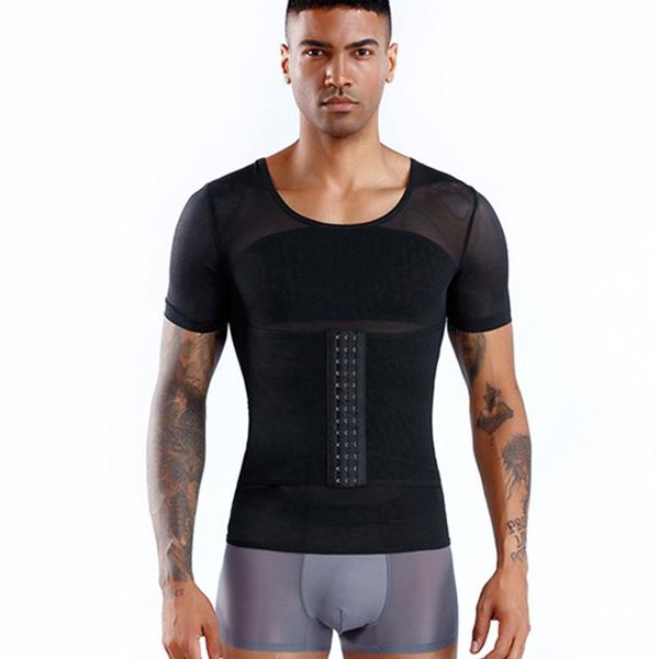 

men's body shapers maoxzon mesh fitness elastic tight fitting shaper undershirts t-shirts abdomen slimming underwear corset, Black;brown