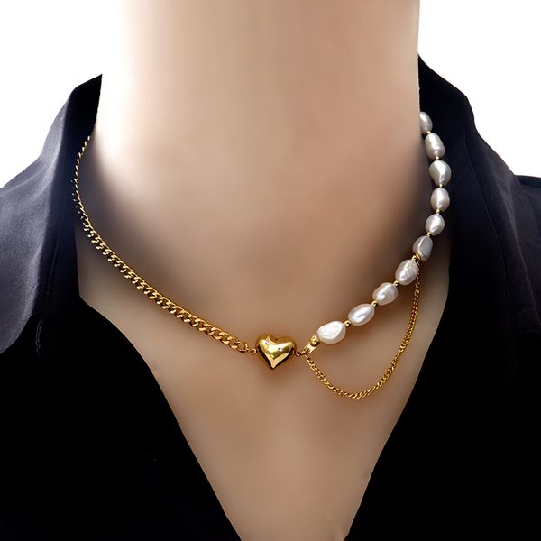 

18k gold natural freshwater pearls asymmetric beaded pendant chain chokers love clavicle necklace women jewelry gifts, Silver