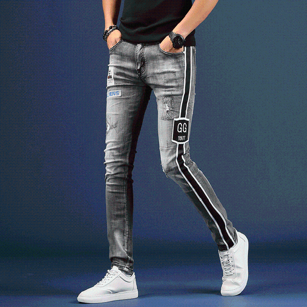 

men's jeans fashion 2021 street ripped embroidered autumn brand loose korean style slim-fitting pants casual trousers, Blue